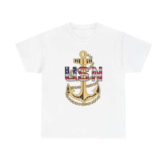 American Flag Navy Anchor Graphic Retro Sailor Jerry Unisex Heavy Cotton Tee