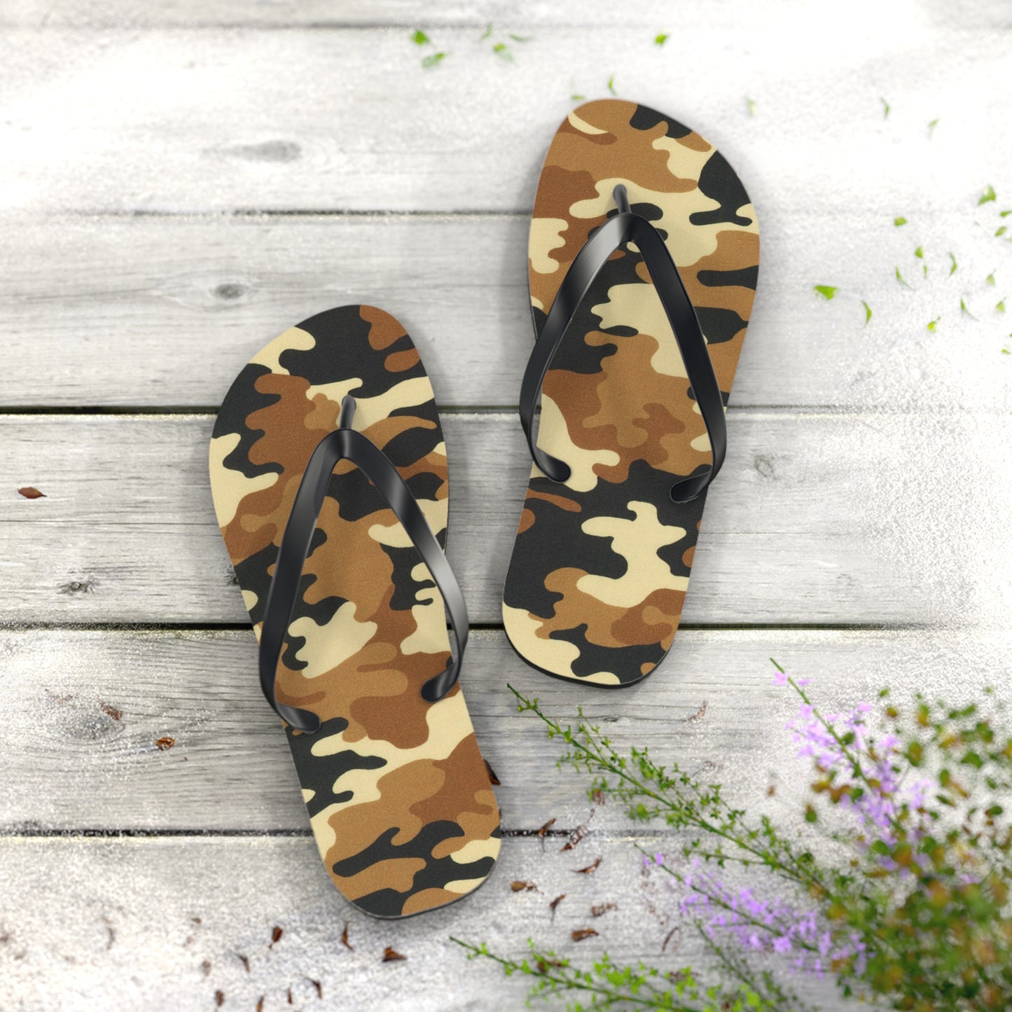 Waves And Sun Sandals Tan Camo Print Summer Flip Flops Slides BRAND NEW