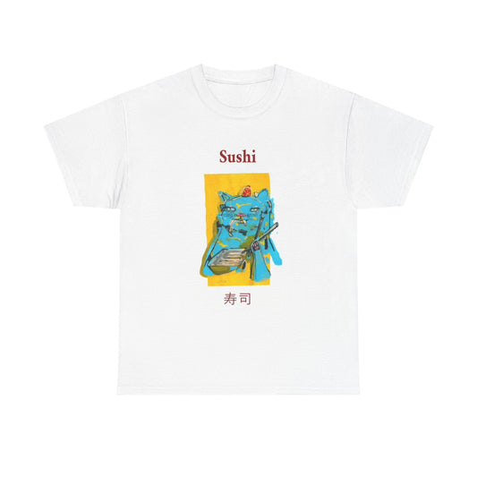 Sushi T Shirt Funny Cat Graphic Japanese Painting Unisex Heavy Cotton Tee