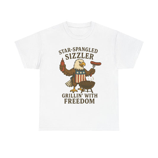 Grilling With Freedom American Flag T Shirt USA Bald Eagle Unisex Heavy Cotton