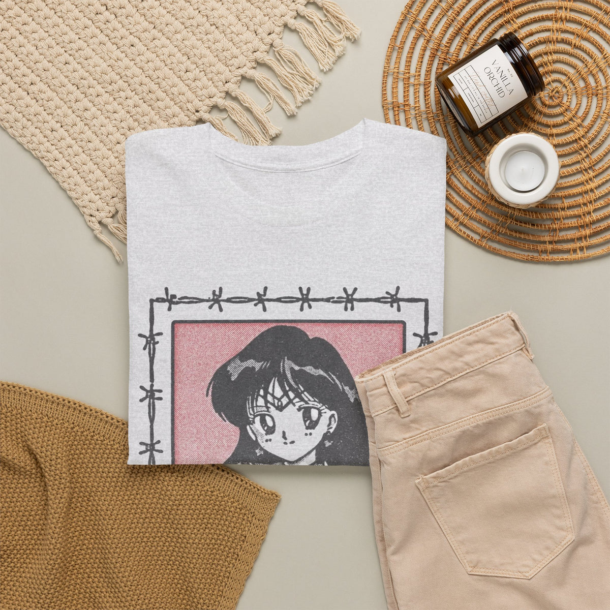 Gothic Anime Girl Barbed Wire Frame T-Shirt Men's Graphic Tee