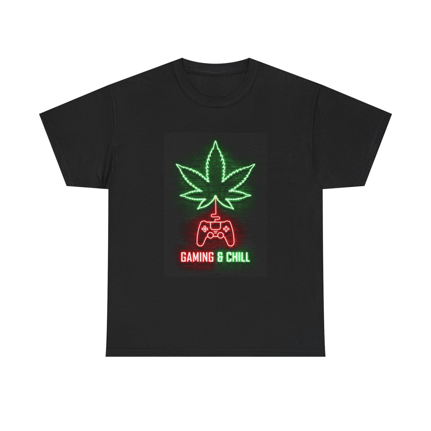 Gaming And Chill Tshirt Pot Leaf Neon Sign Gamer Unisex Heavy Cotton Tee