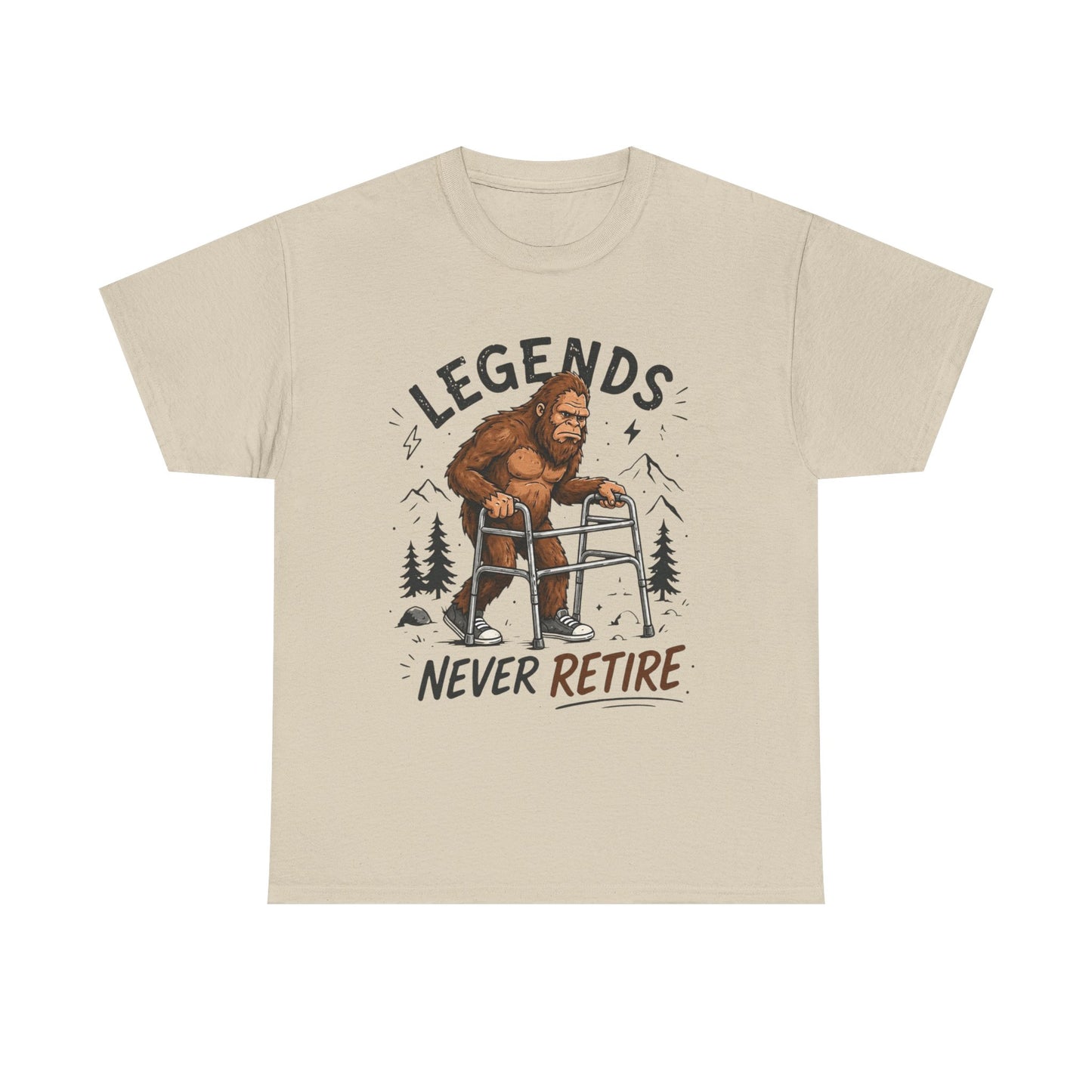 Bigfoot Legends Never Retire Graphic T Shirt Funny Men's Heavy Cotton Tee