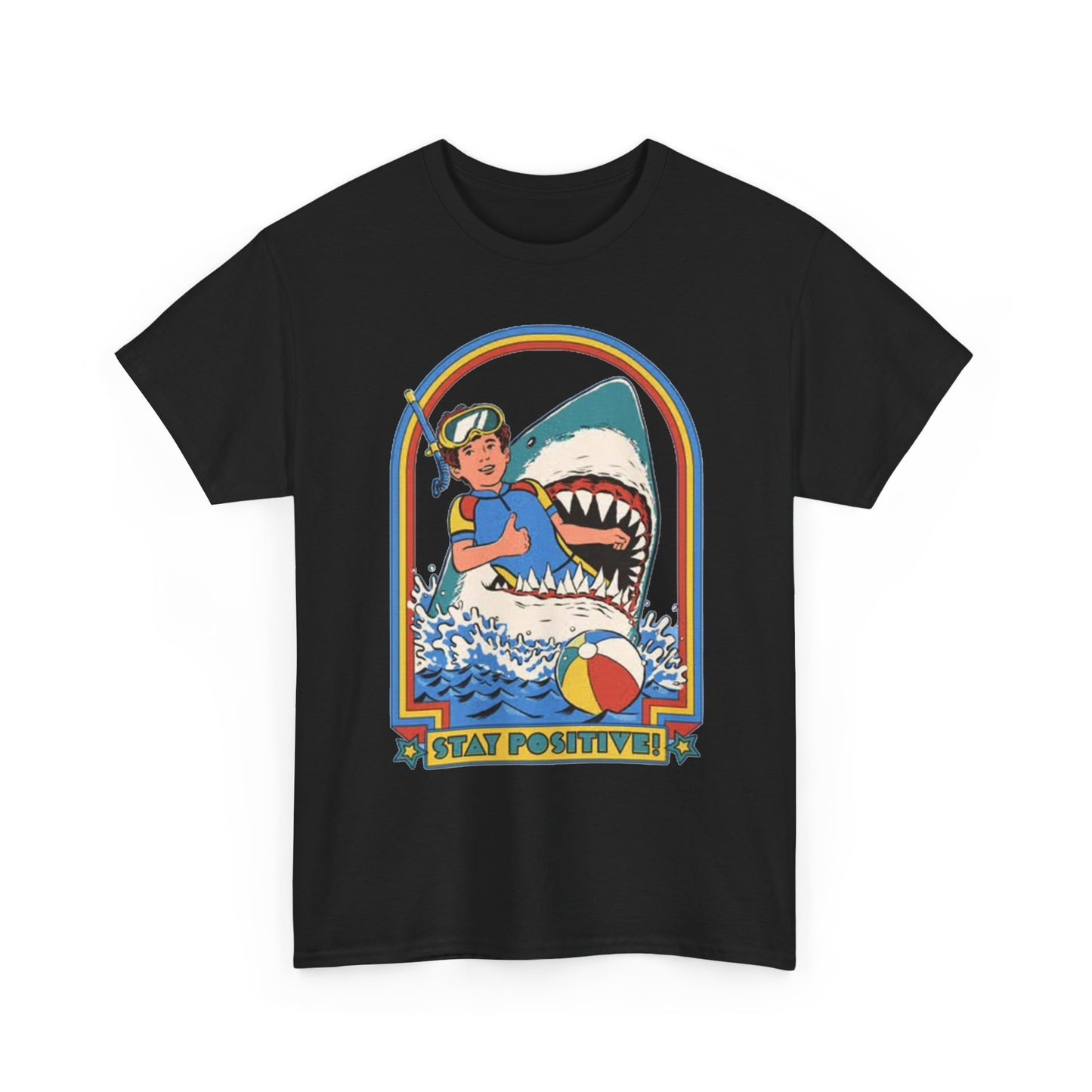 Stay Positive Funny Shark Attack Graphic T Shirt NEW Unisex Heavy Cotton Tee