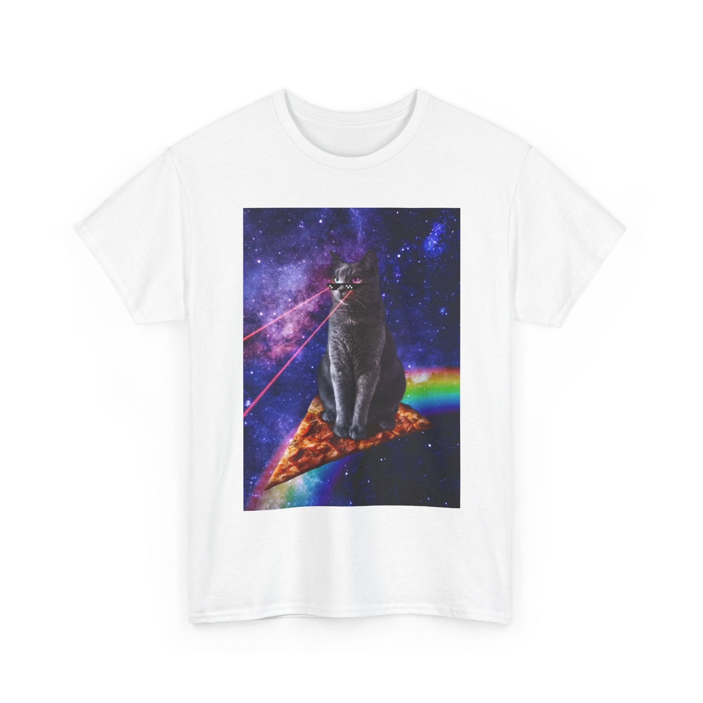Funny Cat Flying In Space Tshirt Pizza Lazer Eyes Unisex Heavy Cotton Tee Comedy