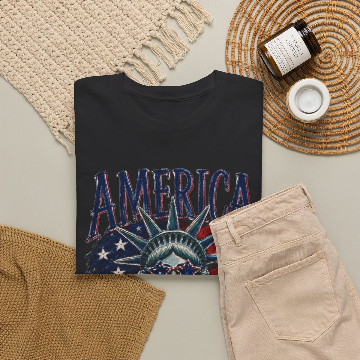 America Statue Of Liberty Graphic T Shirt Men's Heavy Cotton Tee
