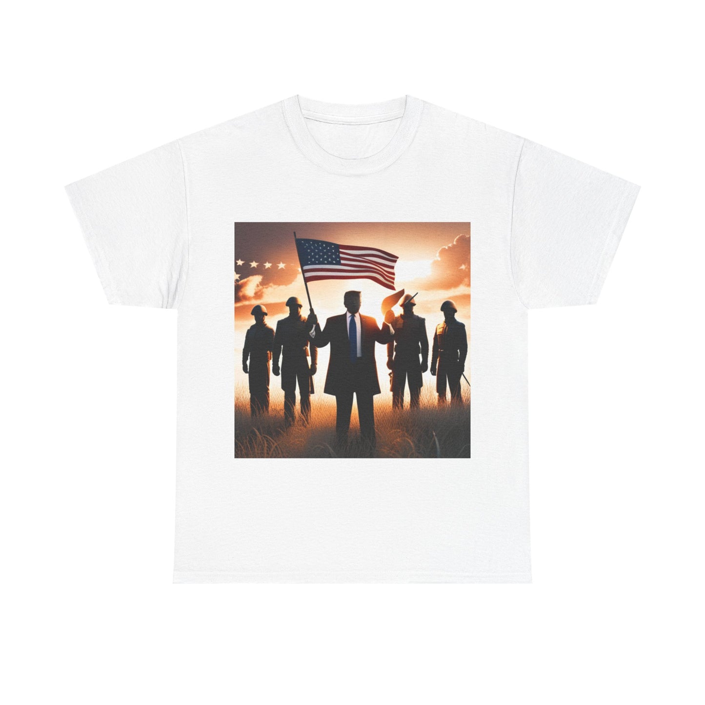 Trump Waving American Flag Military Tshirt Drawing Graphic Unisex Heavy Cotton