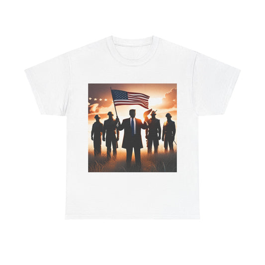 Trump Waving American Flag Military Tshirt Drawing Graphic Unisex Heavy Cotton