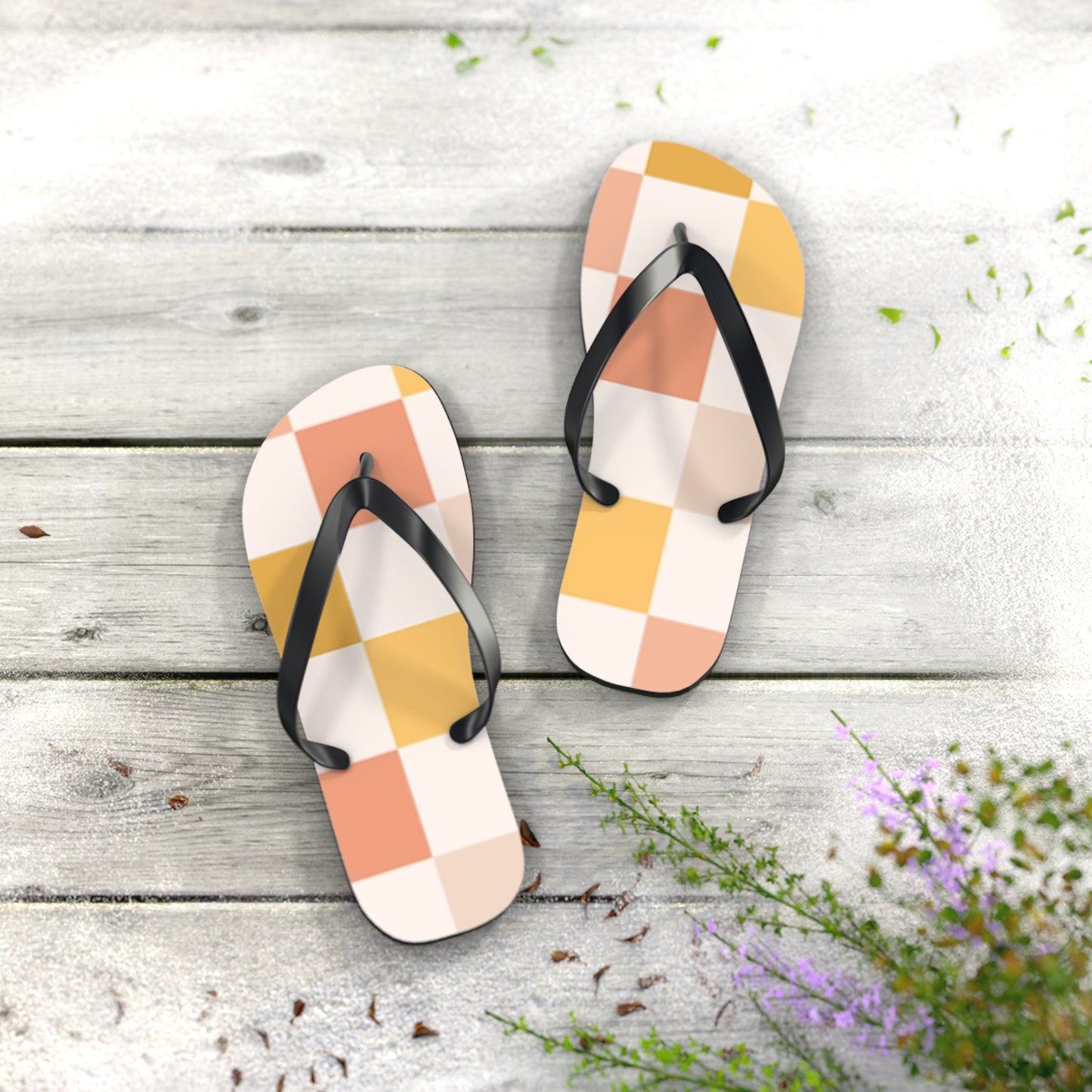 Peach Checkered Sandals, Beach Shoes, Vacation Flip Flops, Pool Slides
