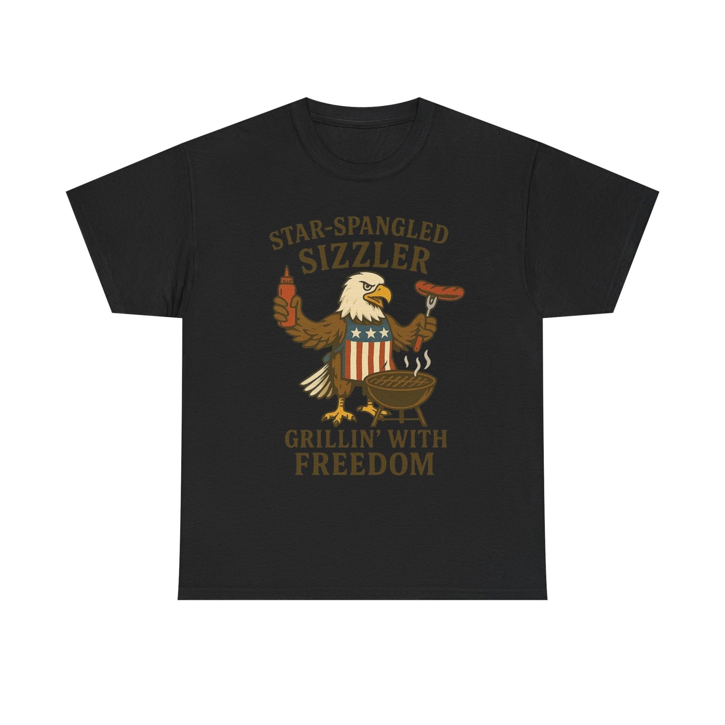 Grilling With Freedom American Flag T Shirt USA Bald Eagle Unisex Heavy Cotton