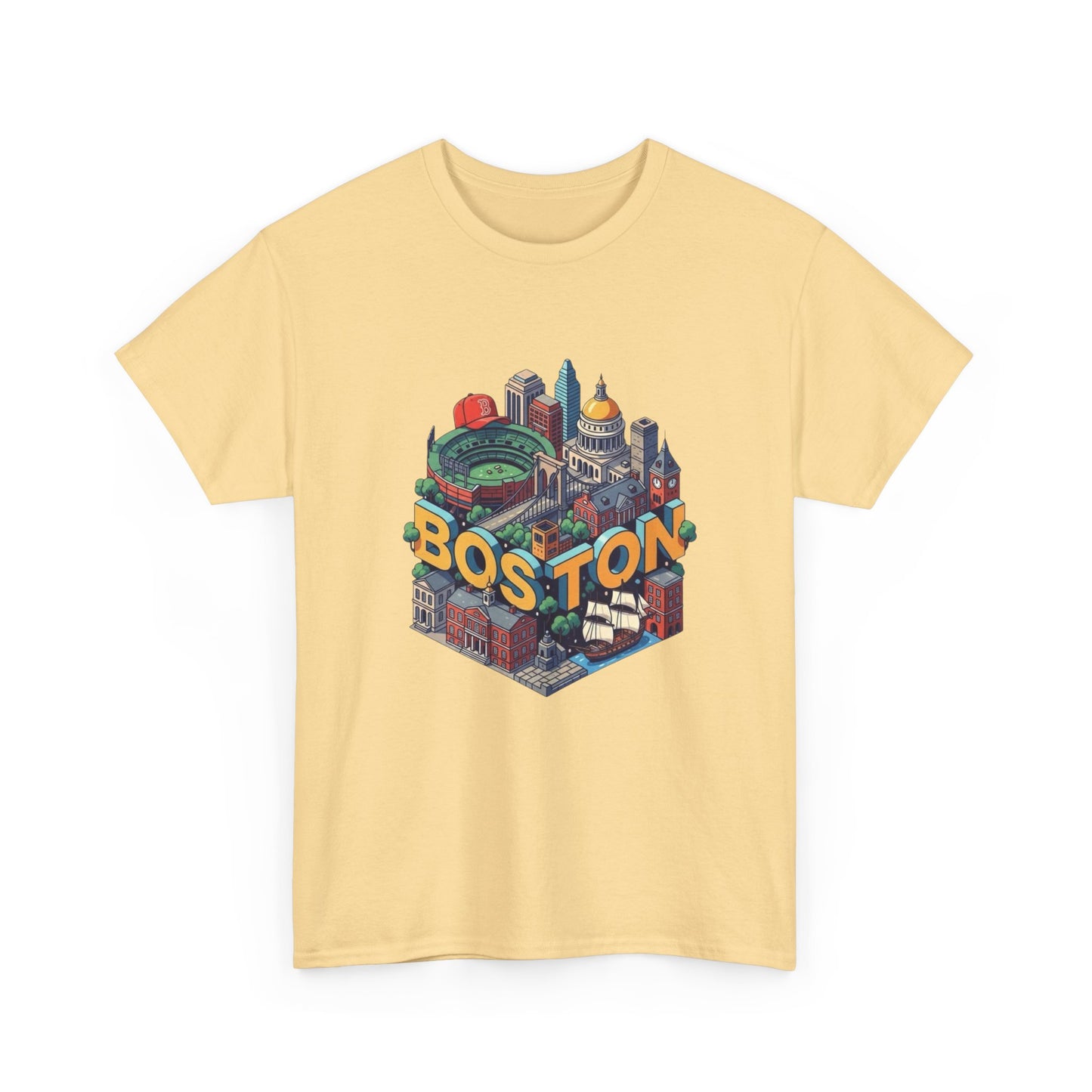 Boston Mass landmarks Retro Graphic T Shirt NEW GIFT Unisex Heavy Cotton Tee