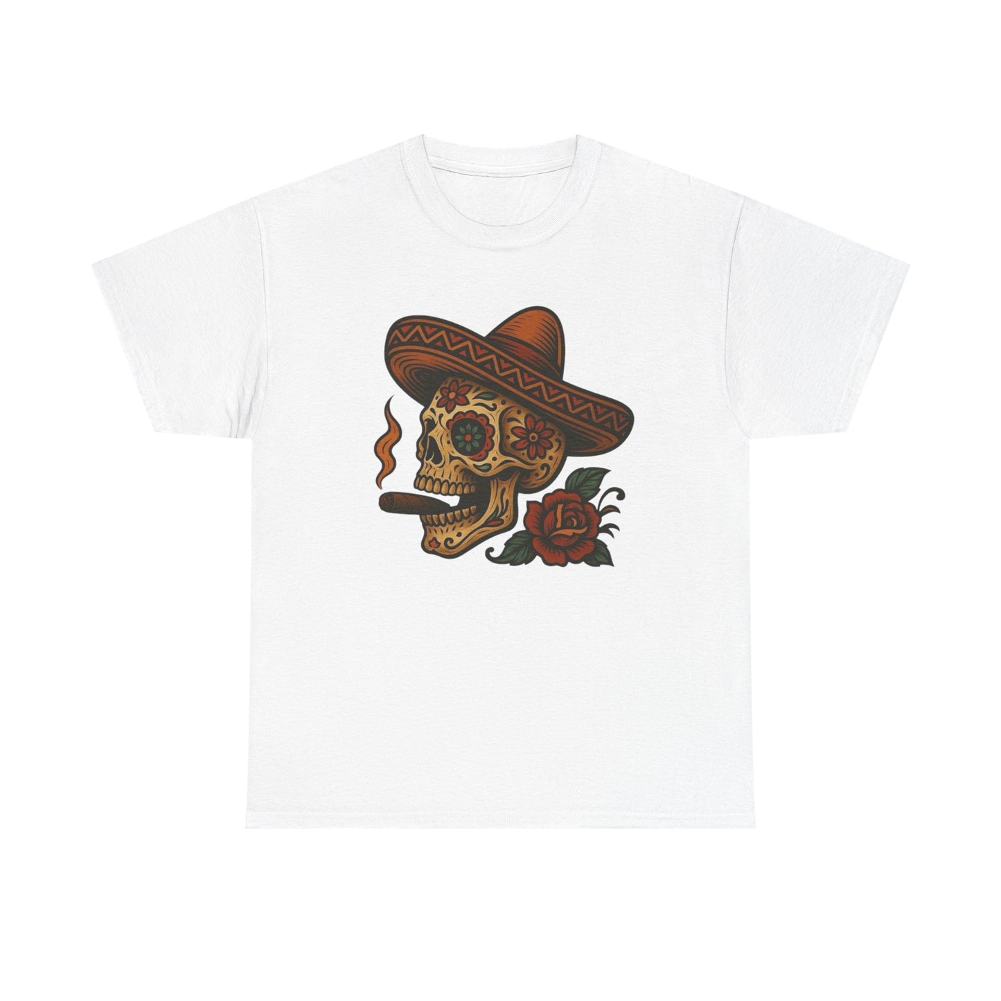 Day Of The Dead Skull Cigar Graphic T-Shirt Unisex Heavy Cotton Tee NEW