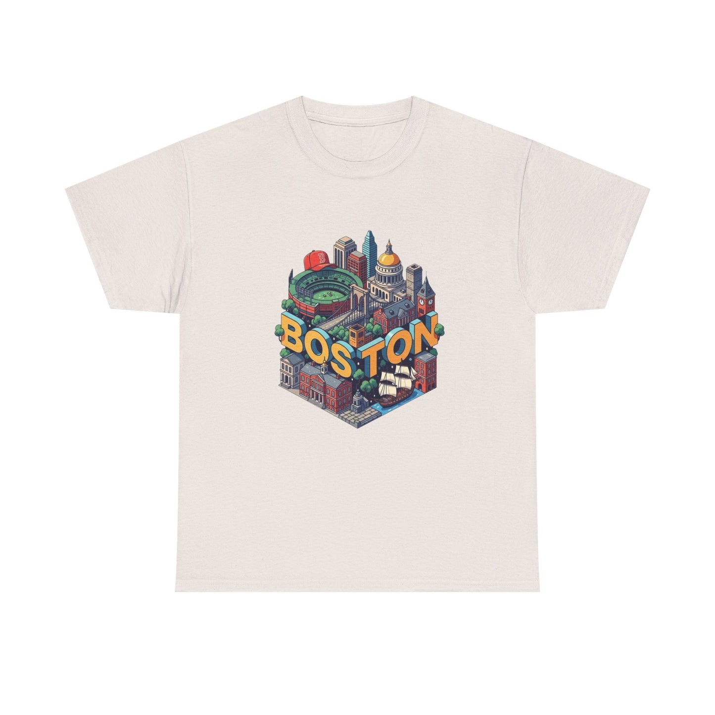 Boston Mass landmarks Retro Graphic T Shirt NEW GIFT Unisex Heavy Cotton Tee