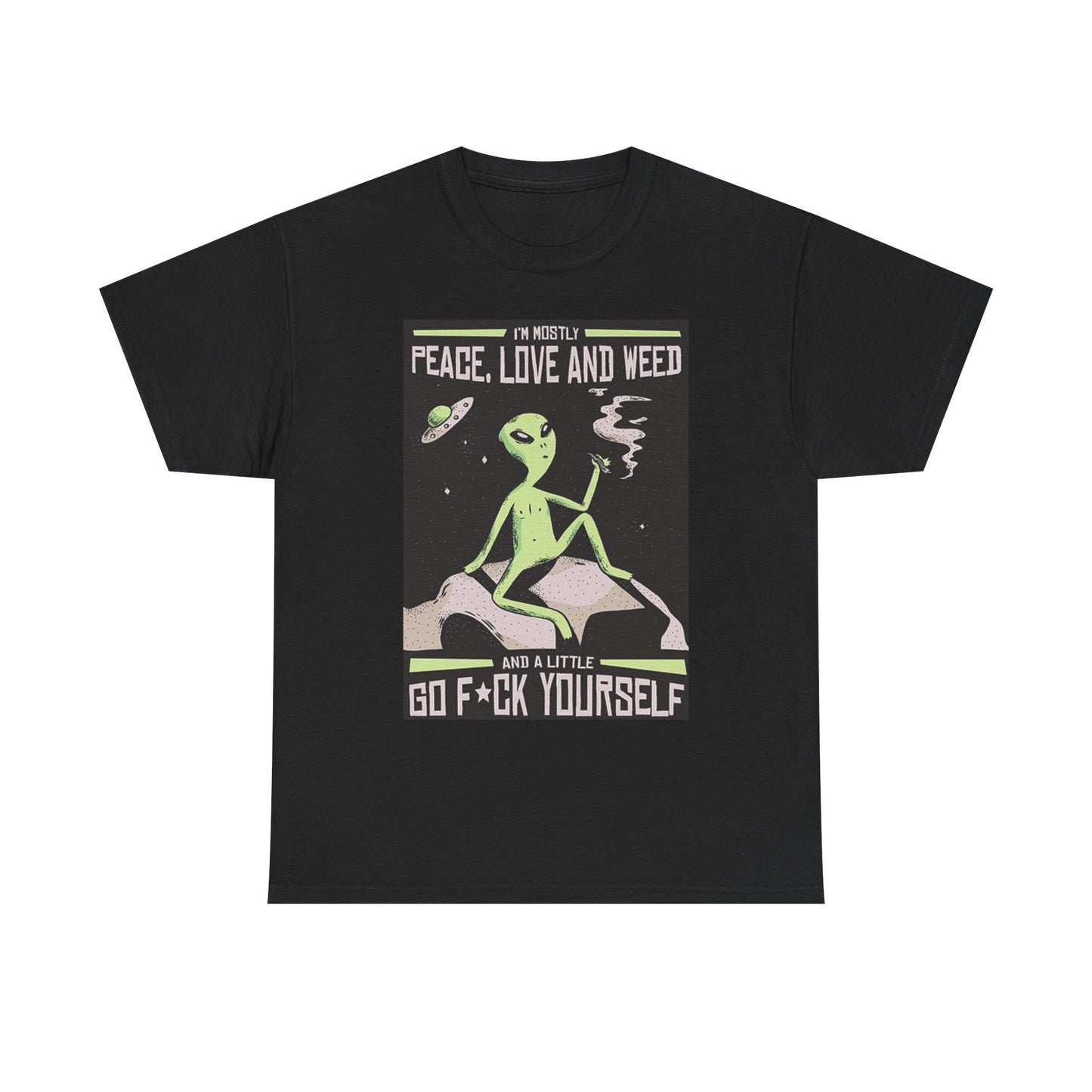 Peace love And Weed T Shirt Funny Alien Graphic Unisex Heavy Cotton Tee