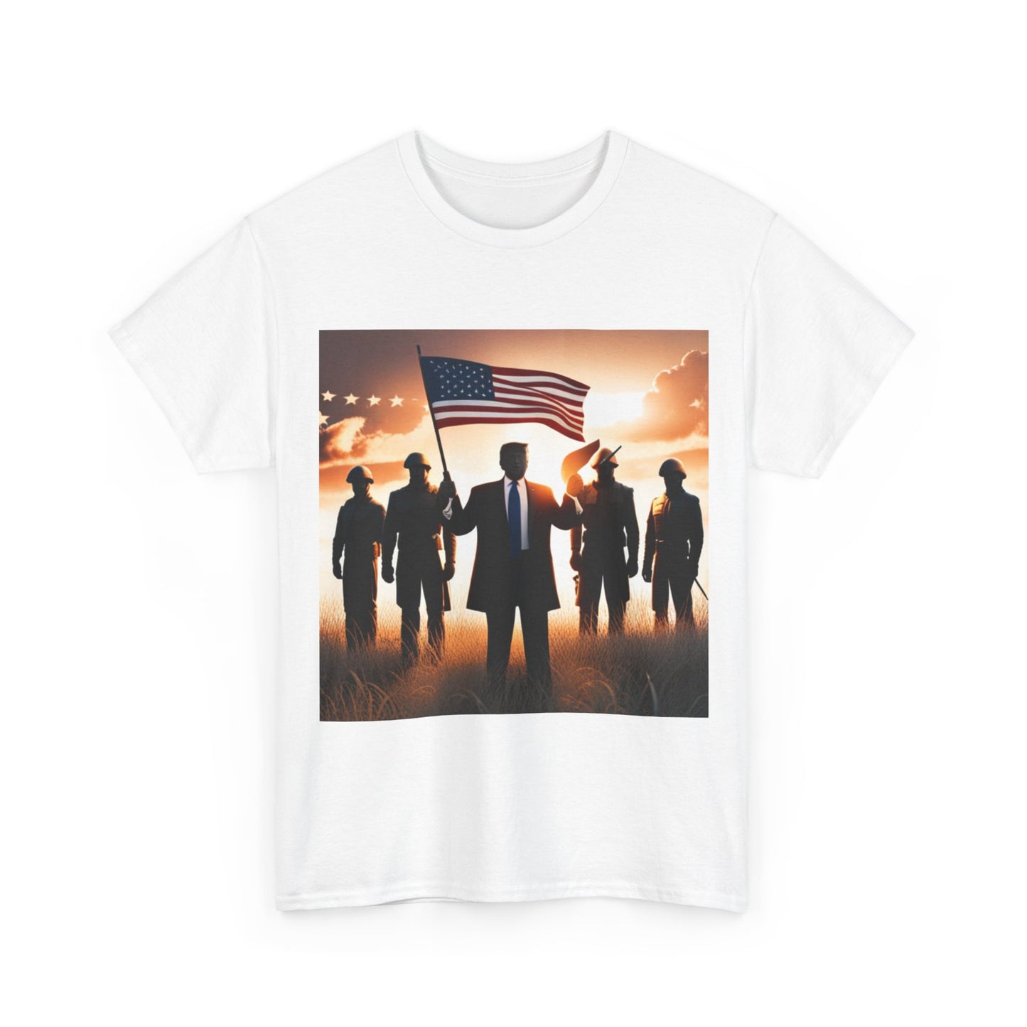 Trump Waving American Flag Military Tshirt Drawing Graphic Unisex Heavy Cotton