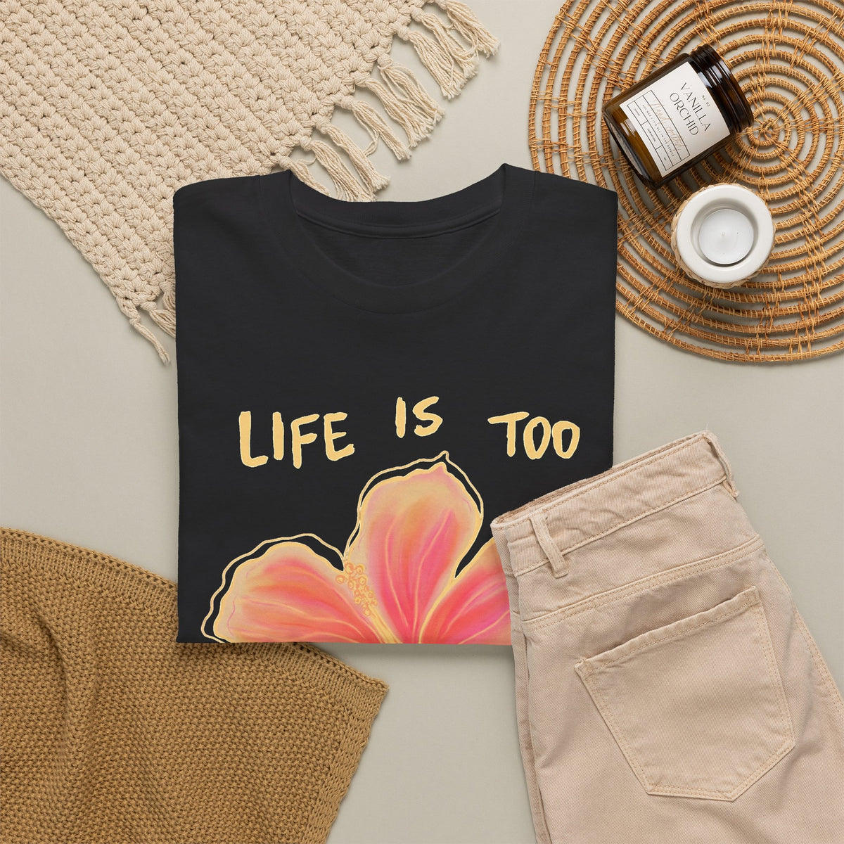 Life Is Too Short to Care Hibiscus Flower T-Shirt Men's Graphic Tee