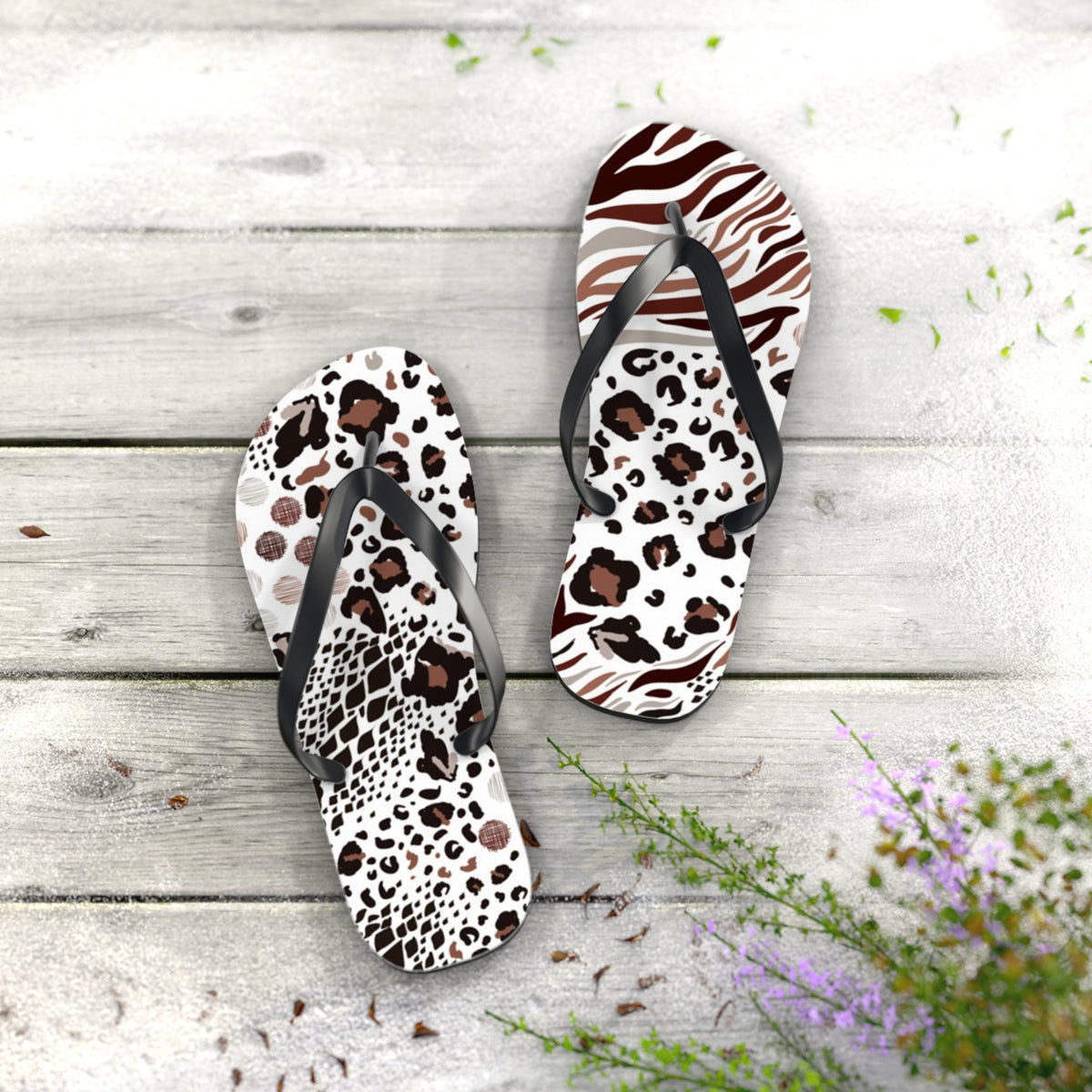 Mixed Animal Print Beach Sandals, Slides for Summer, Flip Flops, Water Resistant