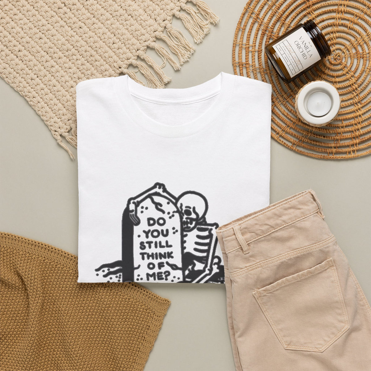 Skeleton Reading Gravestone T-Shirt | Do You Still Think of Me Men's Tee
