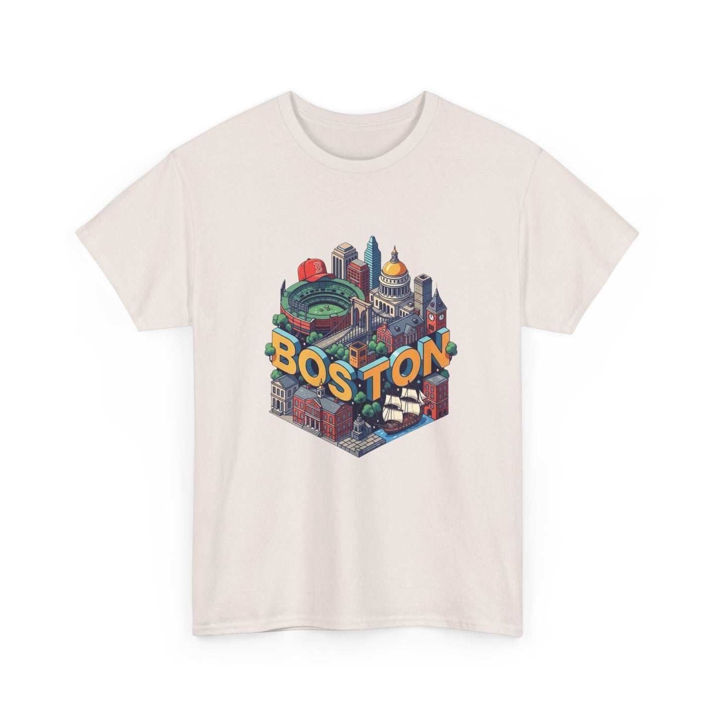 Boston Mass landmarks Retro Graphic T Shirt NEW GIFT Unisex Heavy Cotton Tee