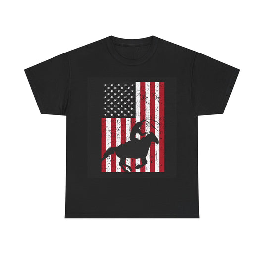 American Flag Cowboy Tshirt Rodeo Horse Country Graphic Unisex Heavy Cotton Tee