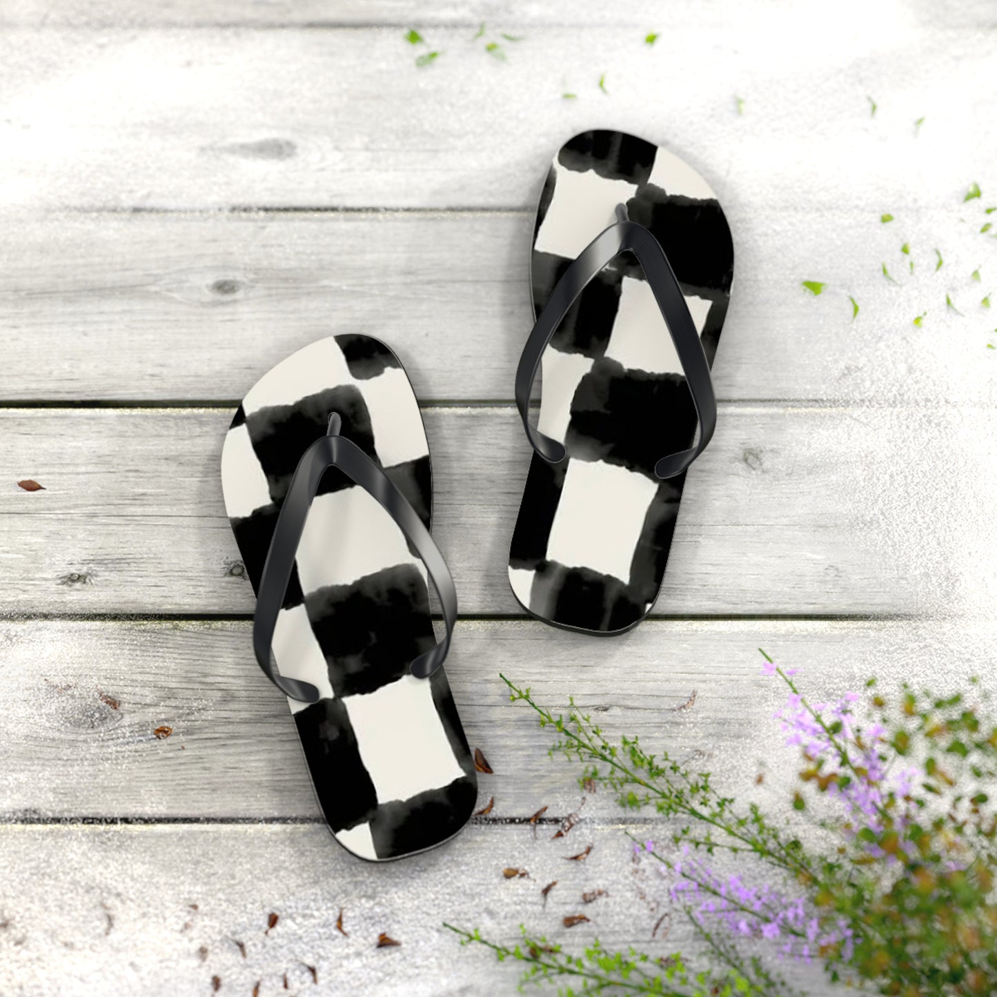 Checkered Black And White Sandals, Beach Shoes, Vacation Flip Flops, Pool Slides