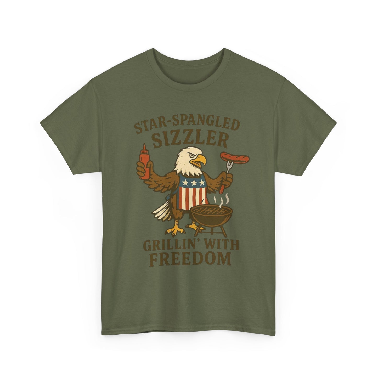 Grilling With Freedom American Flag T Shirt USA Bald Eagle Unisex Heavy Cotton
