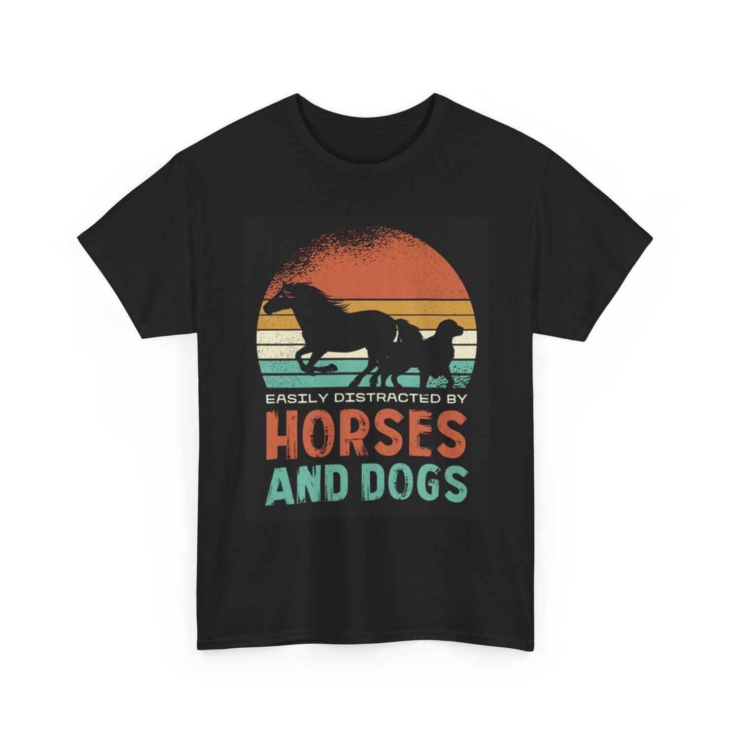 Distracted By Horses And Dogs Graphic T Shirt Funny Unisex Heavy Cotton Tee
