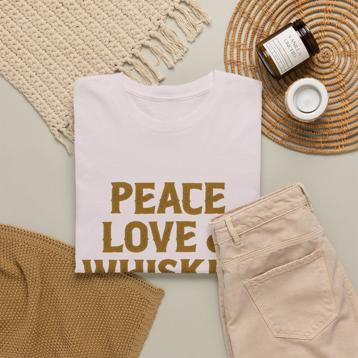 Peace Love And Whiskey Graphic T Shirt Men's Classic Heavy Cotton Tee