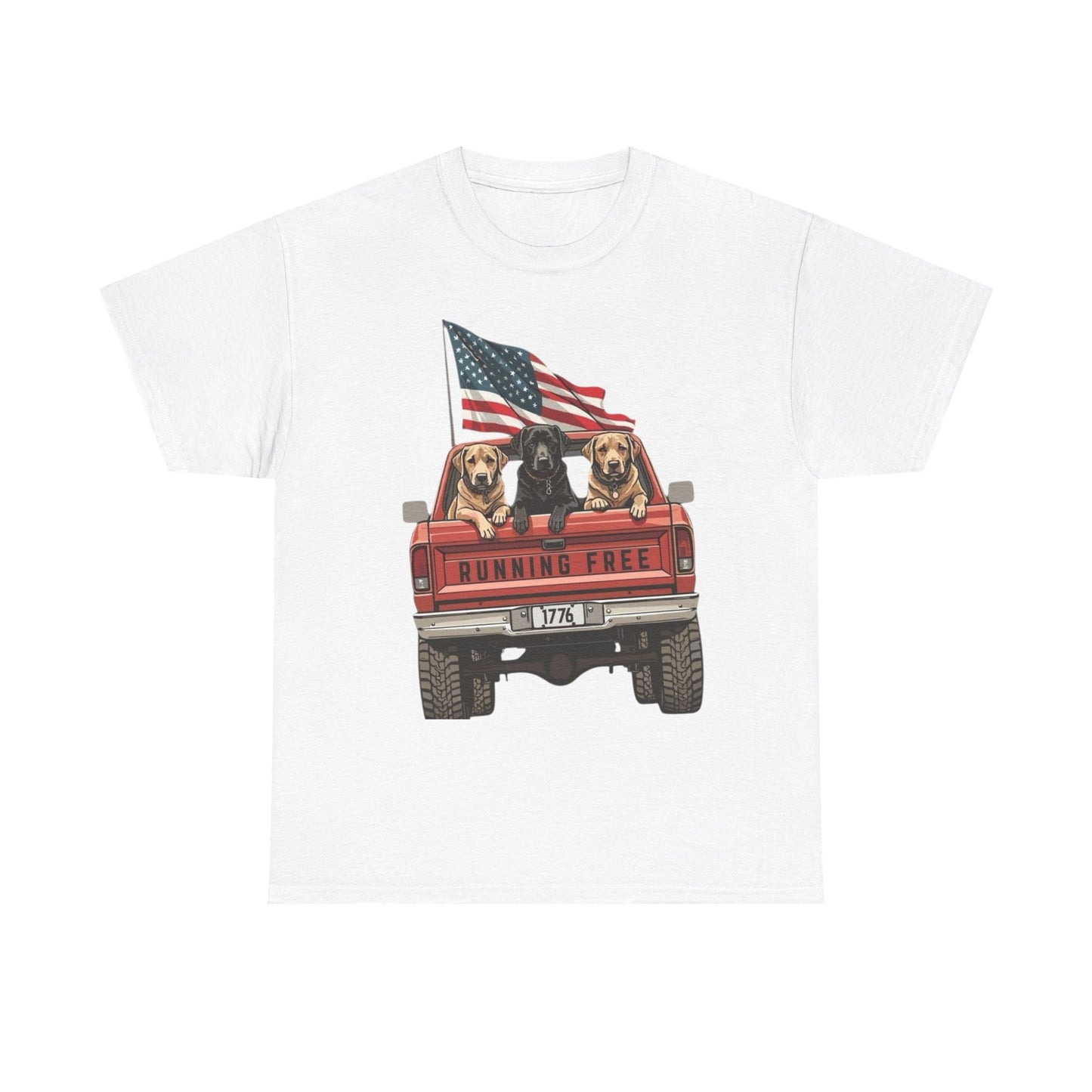 Running Free 1776 USA Dogs In Pickup Graphic T Shirt NEW Unisex Heavy Cotton Tee