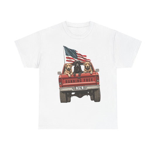 Running Free 1776 USA Dogs In Pickup Graphic T Shirt NEW Unisex Heavy Cotton Tee