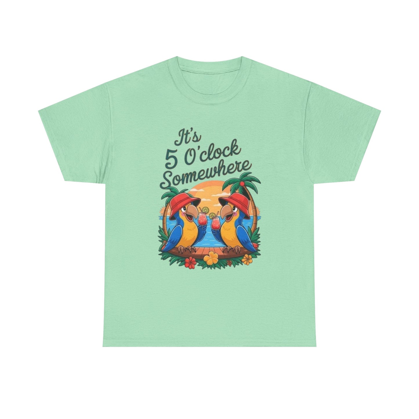 Its Five O'clock Somewhere Parrot Head Graphic T-Shirt Unisex Heavy Cotton Tee