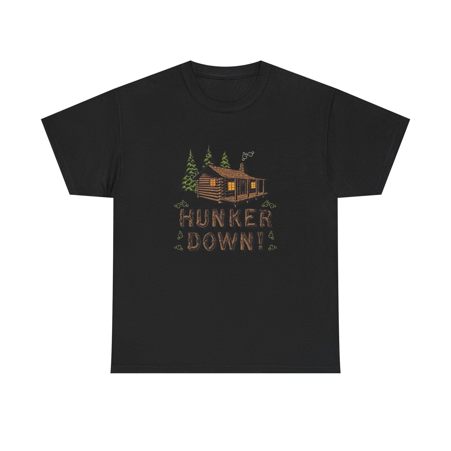 Hunker Down Log Cabin Graphic T Shirt Unisex Heavy Cotton Tee NEW GIFT