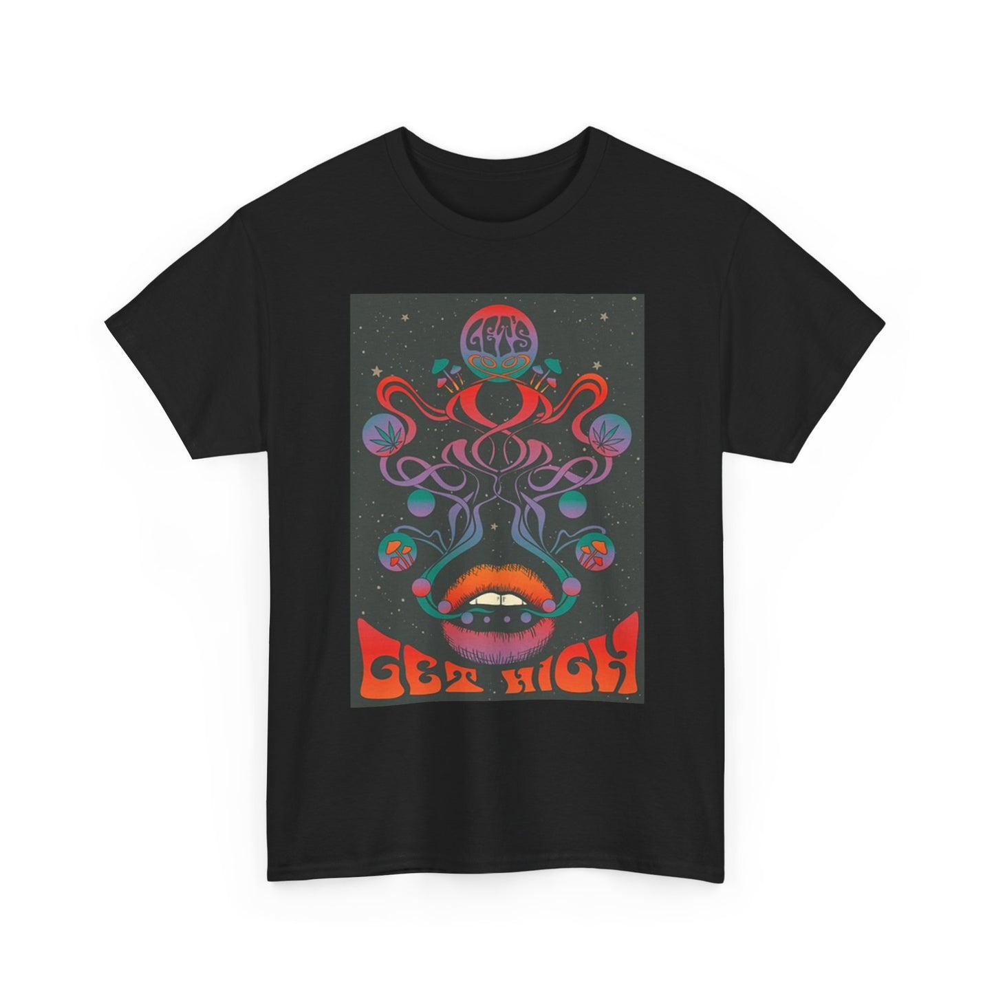 Lets Get HIgh Trippy Graphic T Shirt Retro Mushrooms Unisex Heavy Cotton Tee