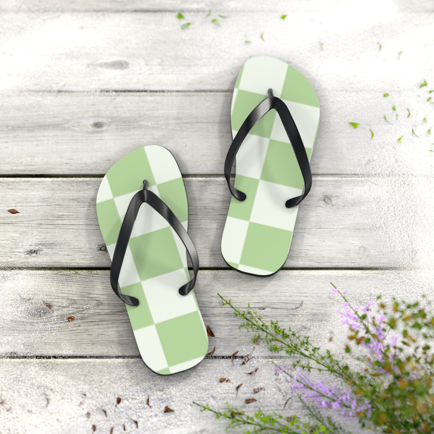 Green Checkered Sandals, Beach Shoes, Vacation Flip Flops, Pool Slides