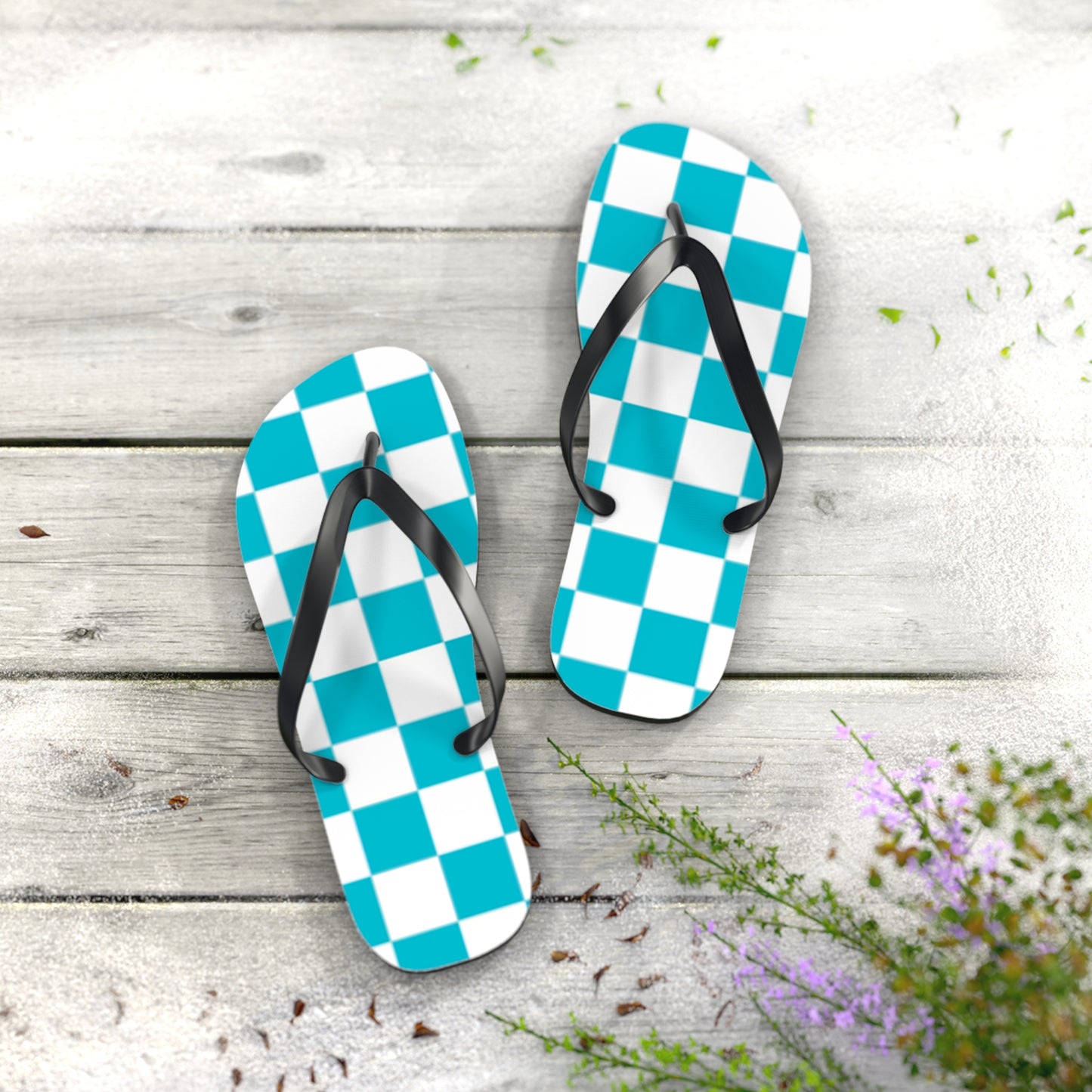 Turquoise Checkered  Sandals, Beach Shoes, Vacation Flip Flops, Pool Slides