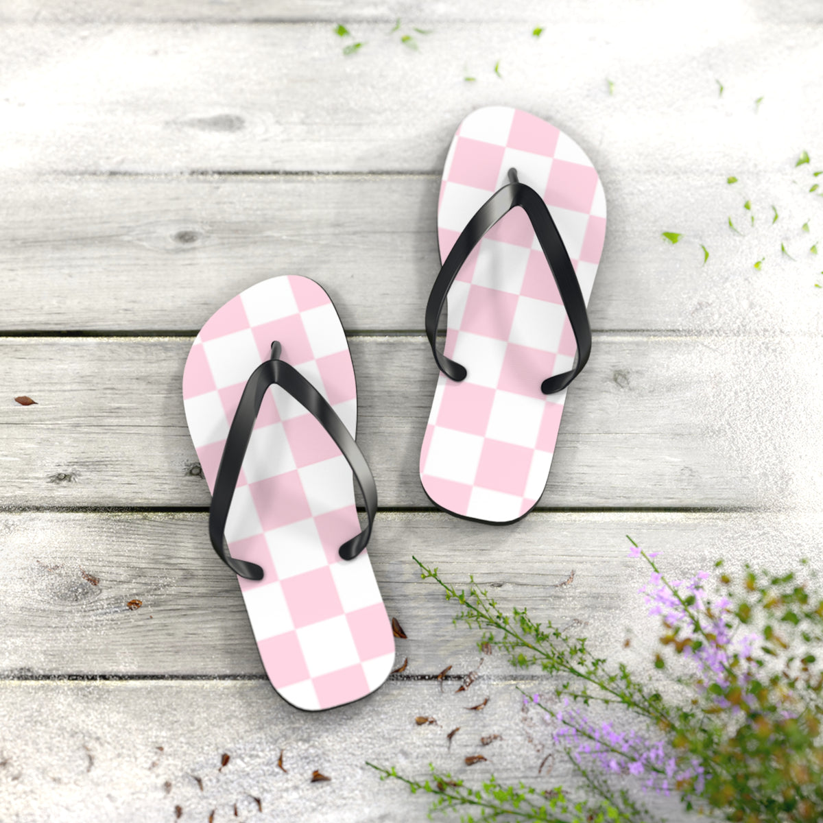 Pink Checkered Sandals, Beach Shoes, Vacation Flip Flops, Pool Slides