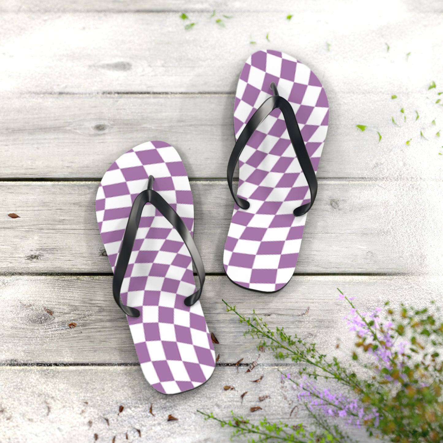 Wavy Checkered Purple Sandals, Beach Shoes, Vacation Flip Flops, Pool Slides
