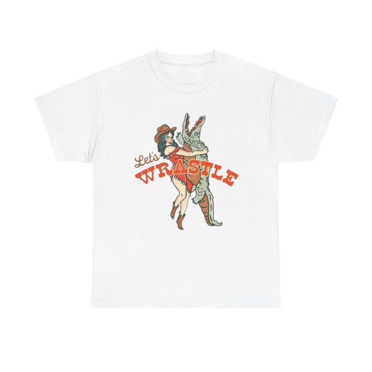Let's Wrestle Alligator Cowgirl Women's Graphic T Shirt NEW Heavy Cotton Tee