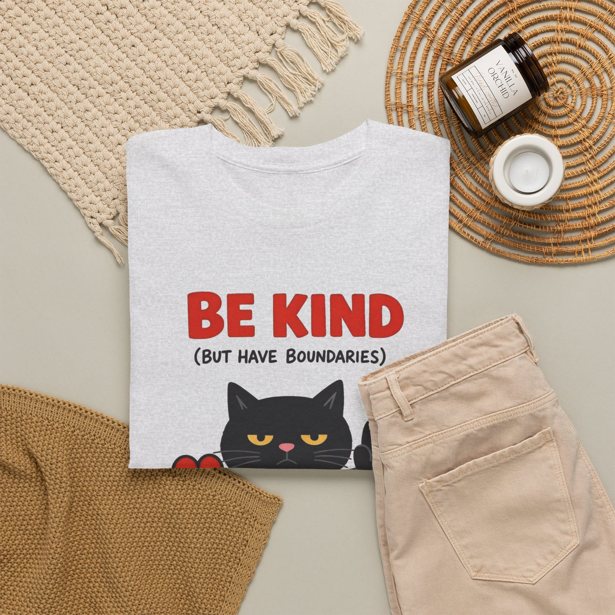 Be Kind But Have Boundaries Cat Funny Graphic T Shirt Men's Heavy Cotton Tee