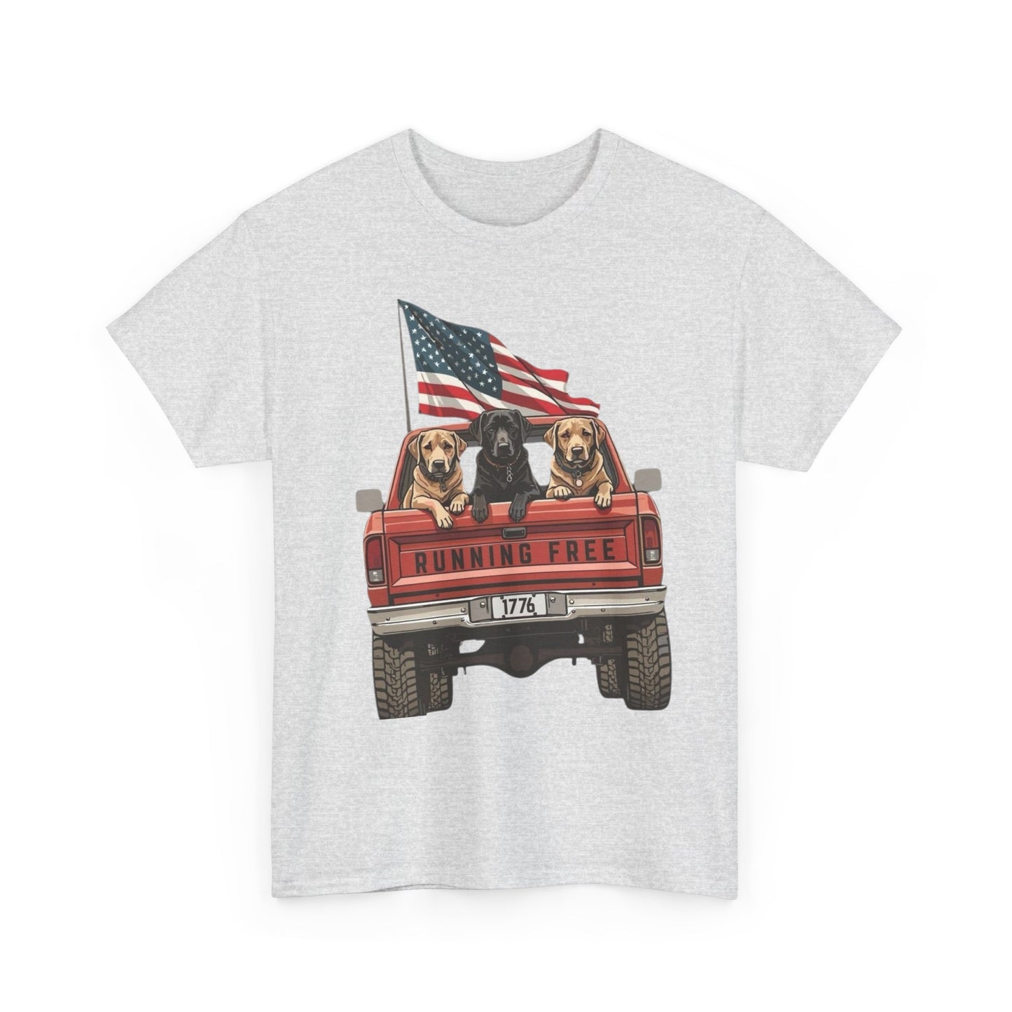 Running Free 1776 USA Dogs In Pickup Graphic T Shirt NEW Unisex Heavy Cotton Tee