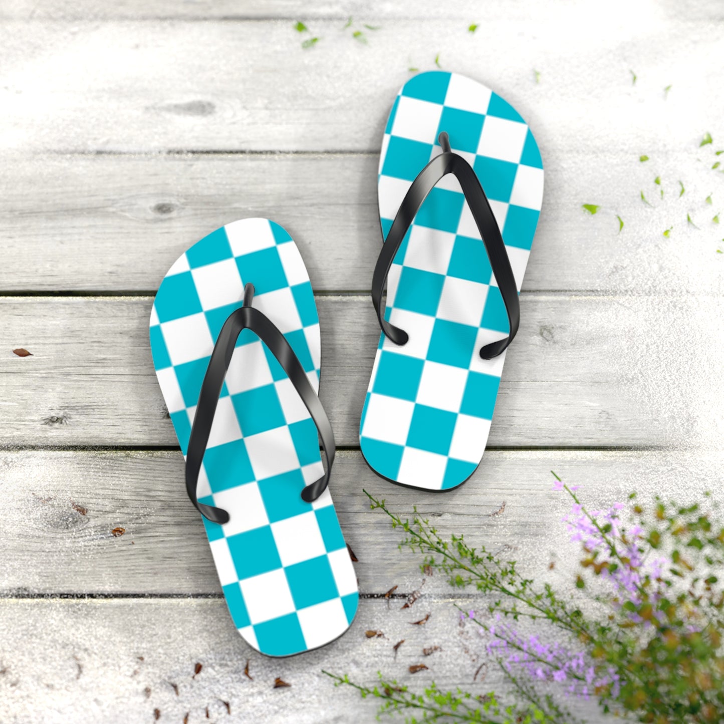 Turquoise Checkered  Sandals, Beach Shoes, Vacation Flip Flops, Pool Slides