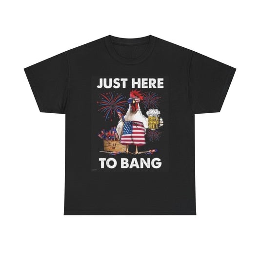 Just Here To Bang Funny Graphic T Shirt Fireworks Unisex Heavy Cotton Tee