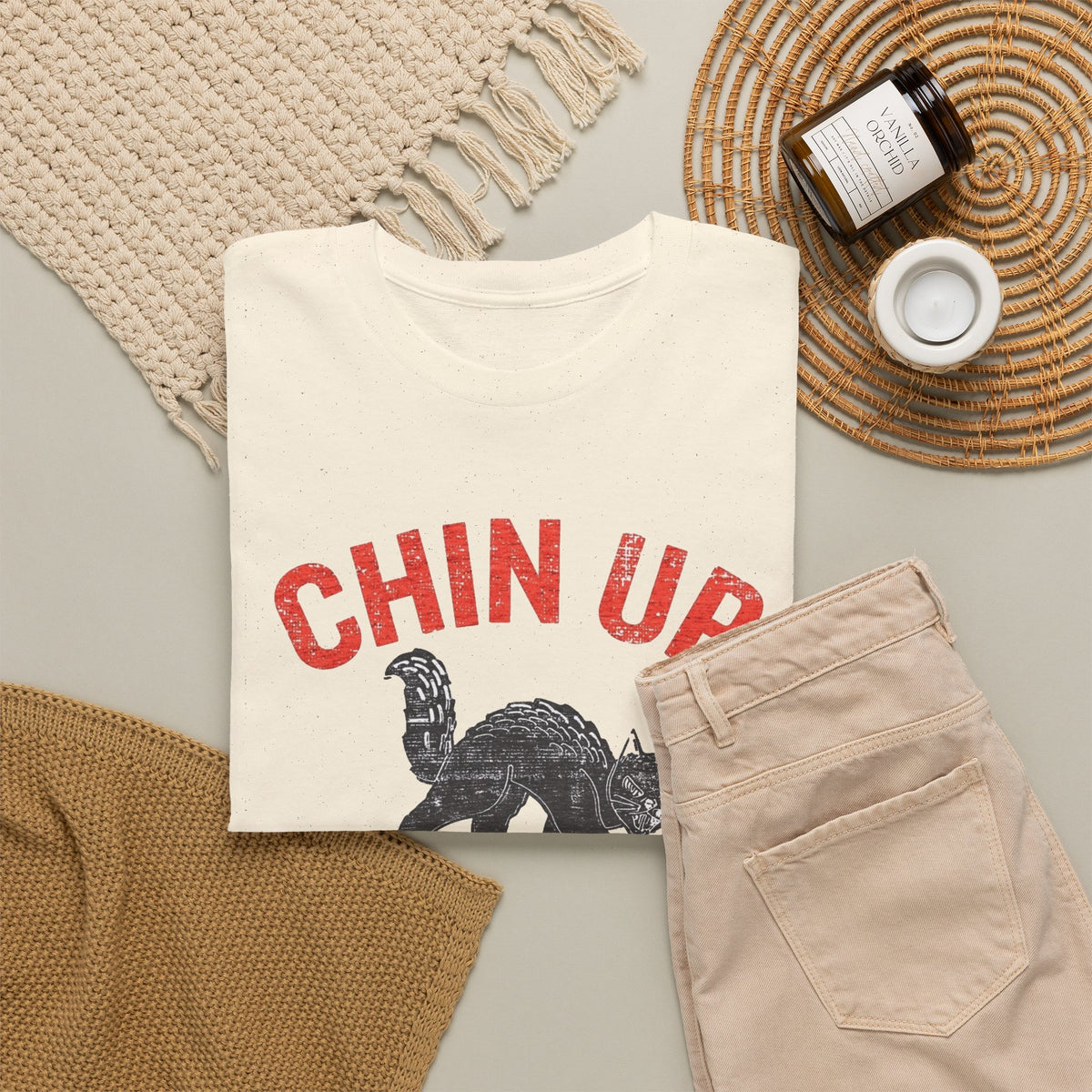 Chin Up Fangs Out Graphic T Shirt Men's Retro Cat Heavy Cotton Tee