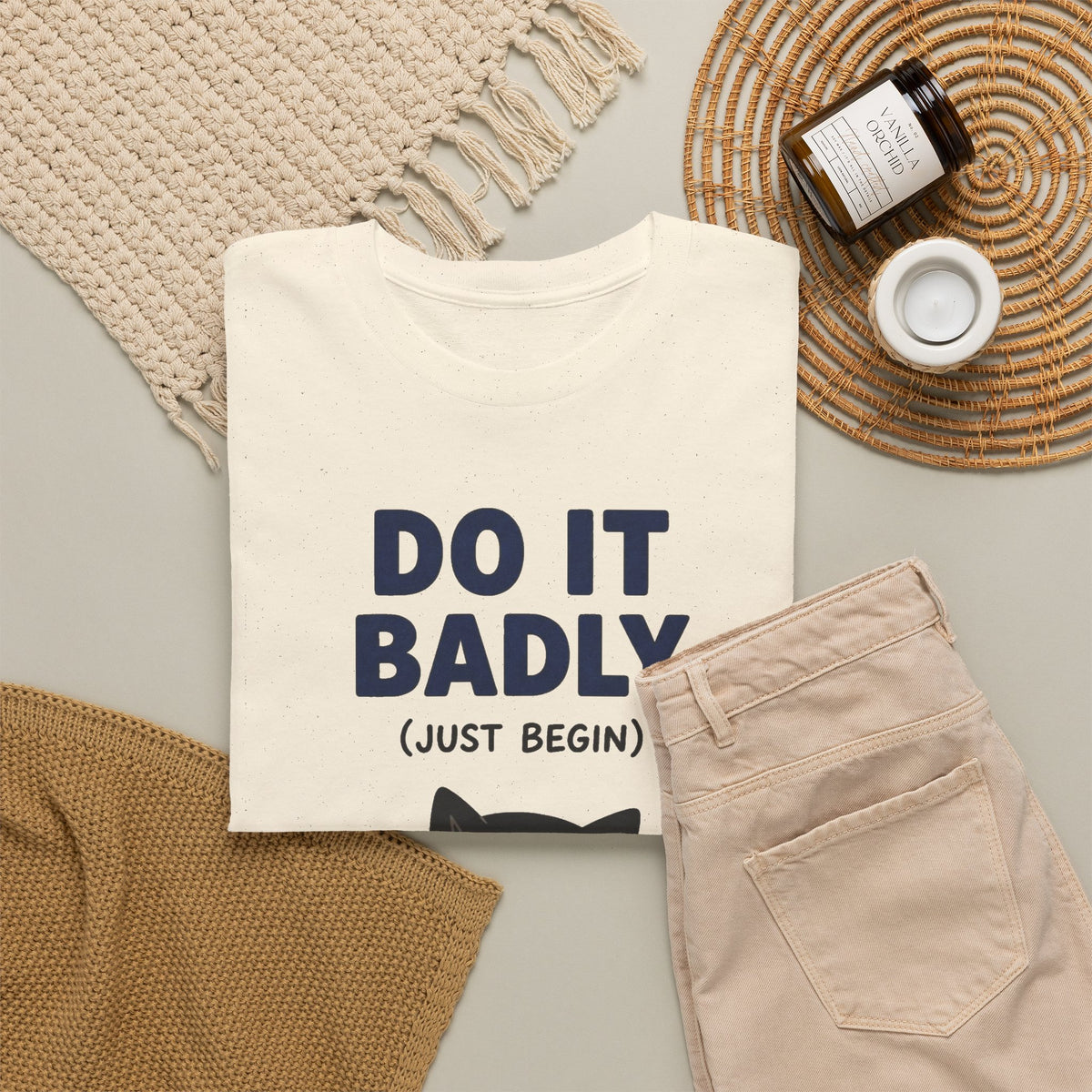 Do It Badly But Just Begin Cat Graphic T Shirt Men's Heavy Cotton Tee