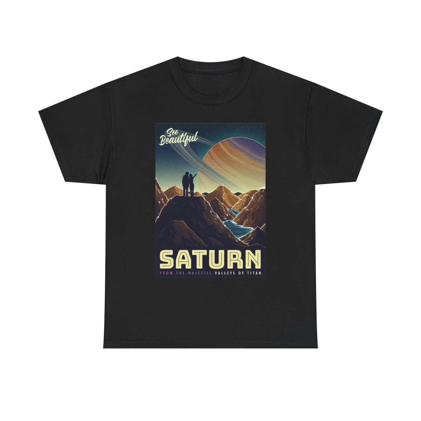 Saturn Space Graphic T Shirt Retro Outer Space Travel Unisex Heavy Cotton Tee