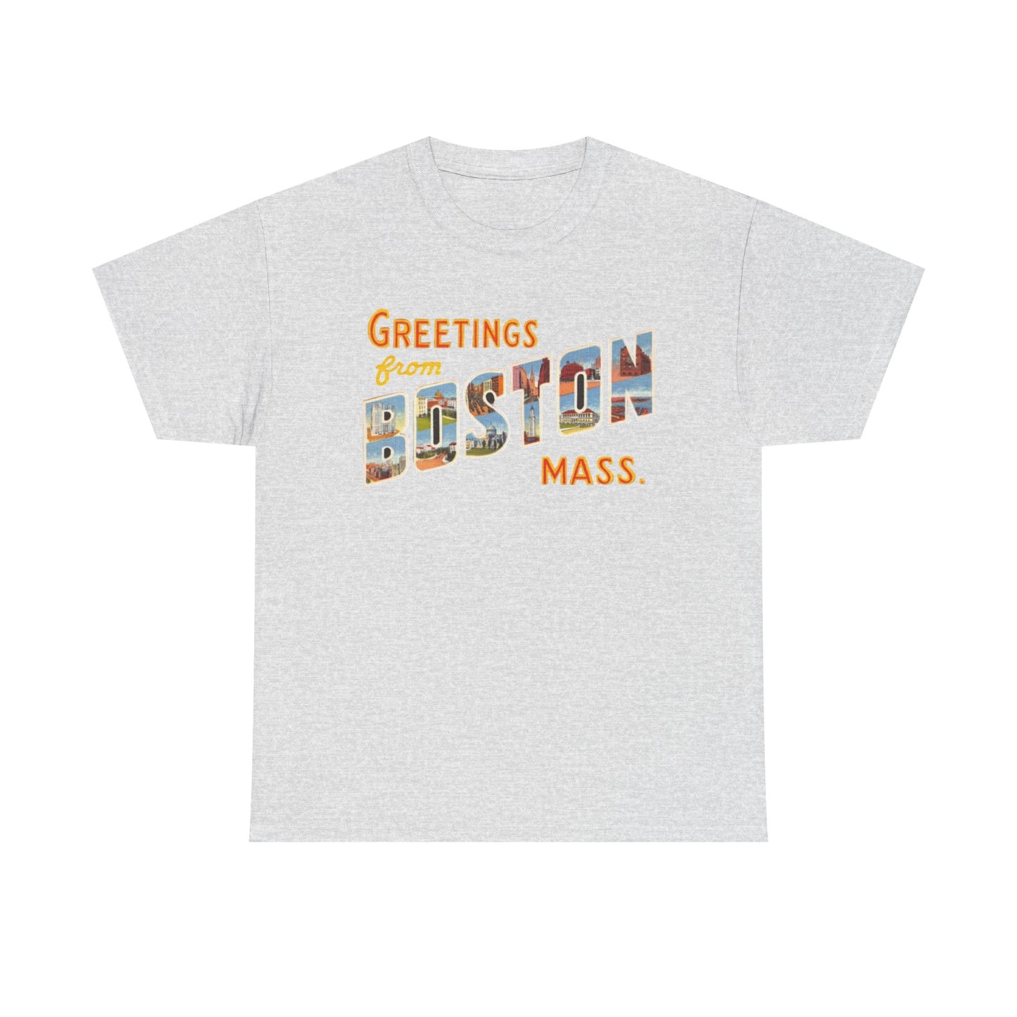 Boston T-shirt vintage postcard skyline retro Dunkin’s Unisex Heavy Cotton Tee