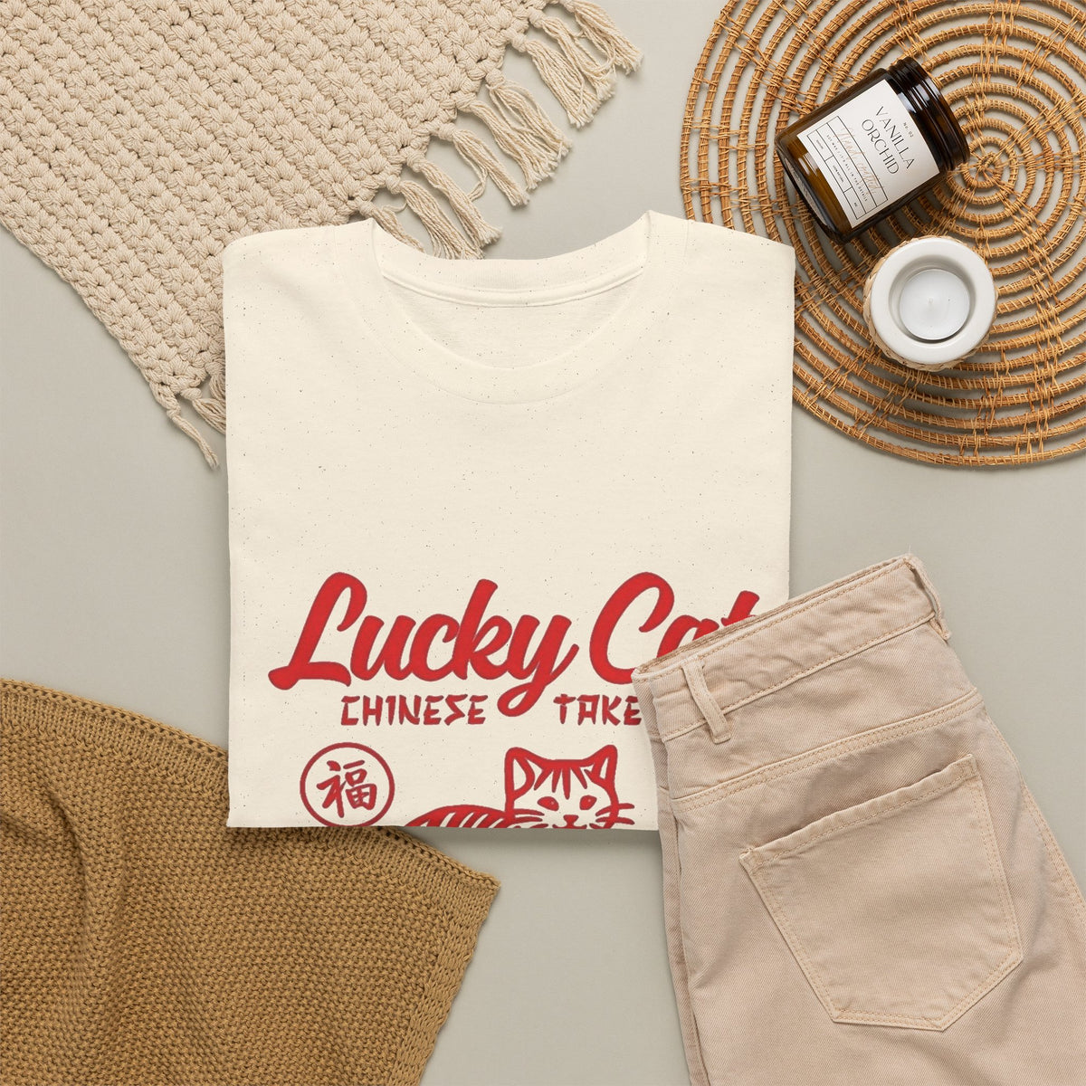 Lucky Cat Chinese Takeaway Graphic T-Shirt Men's Graphic Tee Funny Retro
