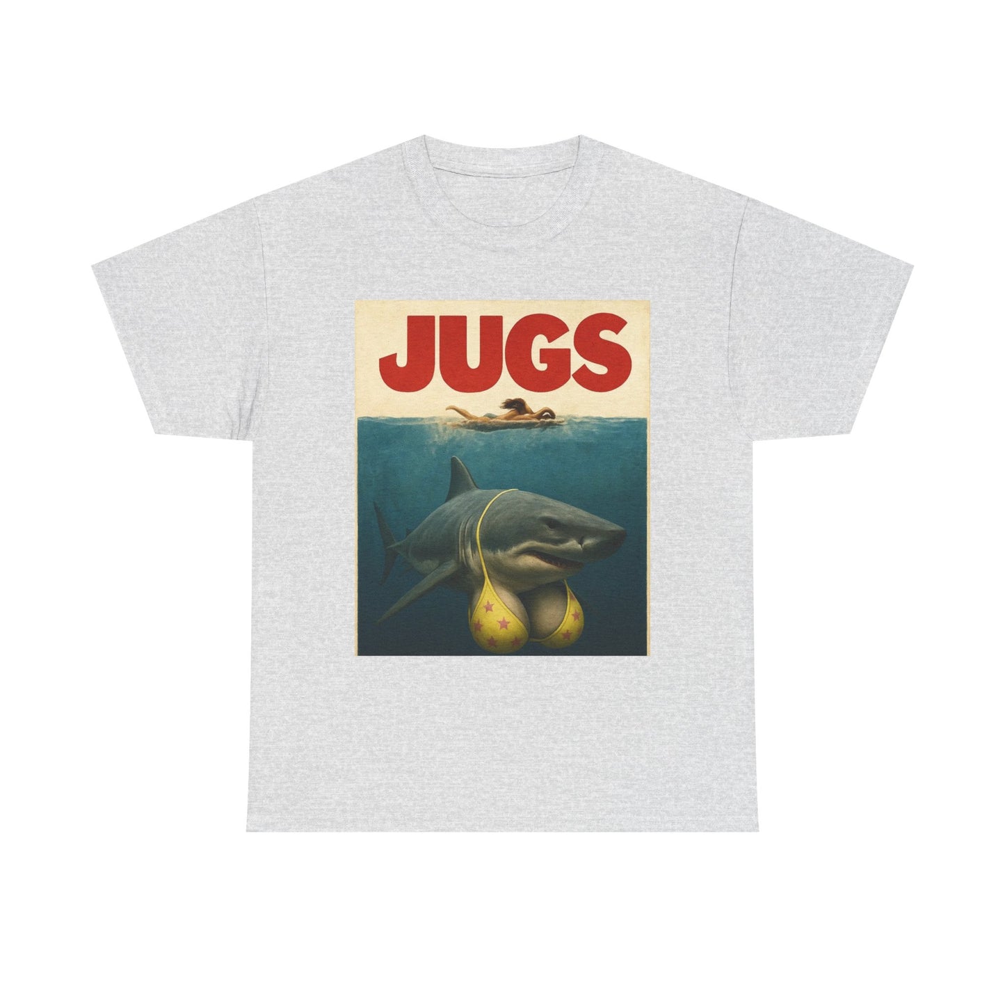 Jaws Parody Jugs Funny Shark Boobs Graphic T-Shirt Unisex Heavy Cotton Tee NEW