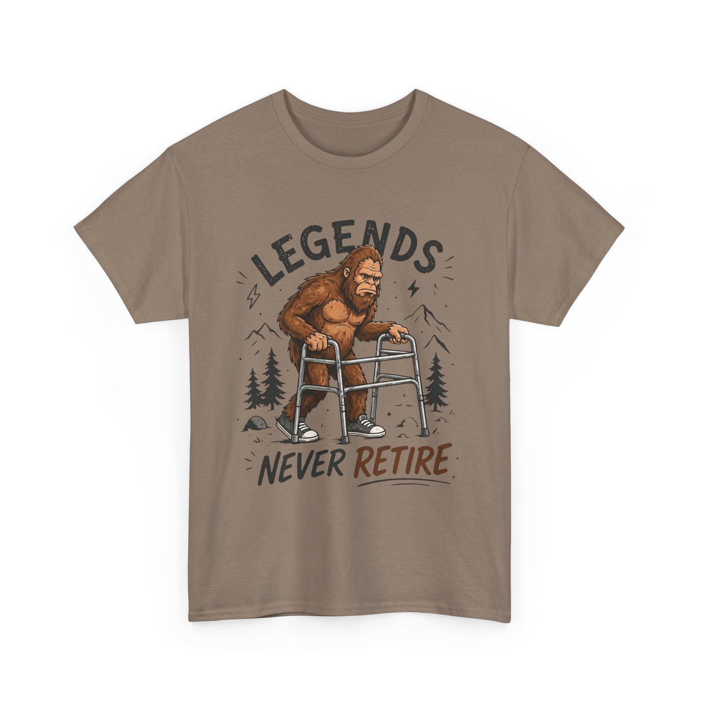 Bigfoot Legends Never Retire Graphic T Shirt Funny Men's Heavy Cotton Tee