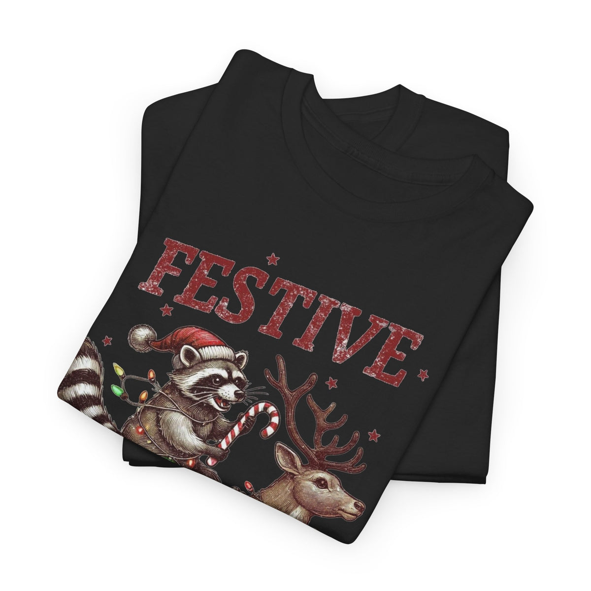 Festive but Feral Raccoon Riding Reindeer Christmas T-Shirt Men's Graphic Tee
